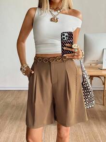 Shorts bermudas casuales de verano tejidos en negro para mujer - Marrón Mocha - Ver 4