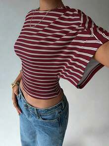 Blusa de verano para mujer con diseño de manga murciélago, cuello redondo, fruncido y estampado floral de tinte de agua en tonos cálidos, ideal para playa/vacaciones, un look casual, minimalista y elegante - Multicolor 2 - Ver 5