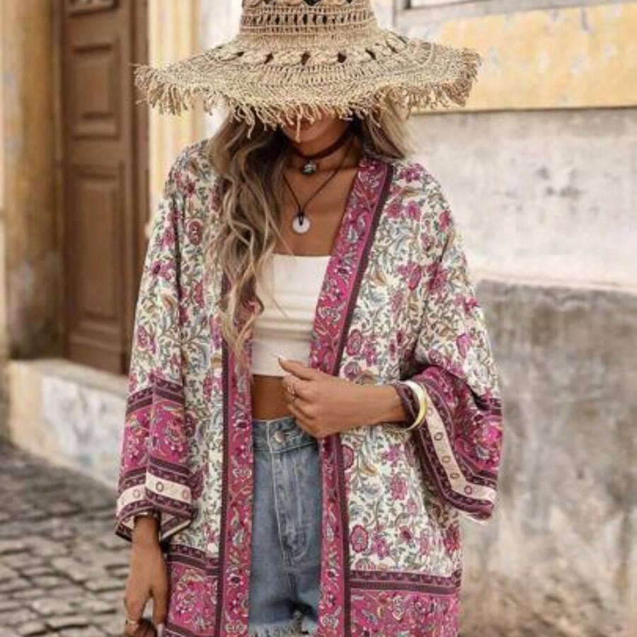 Open Front Graphic Print Kimono Summer - Multicolor - Ver 1