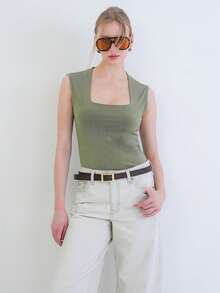 KARE YAKA KALIN ASKILI ESNEK KUMAS BLUZ - Green - View 1