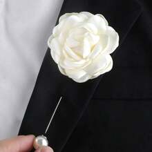 1pc Elegant Faux Pearl Ivory Flower Lapel Pin Brooch Accessory For Men's Suit, Wedding - Cream - View 10