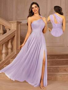 Vestido formal largo para dama de honor, invitada de boda, evento, verano, San Valentín, cumpleaños, con cuello cruzado asimétrico de un hombro, espalda descubierta, falda de tul en línea A, vestidos de mujer para otoño, regreso a clases, fiesta de bienvenida, cumpleaños, primavera elegante - Púrpura polvoriento - Ver 8