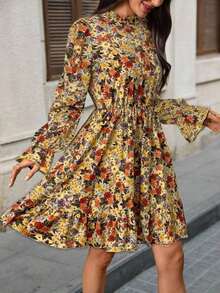 Vestido corto casual de manga larga con cuello alto y estampado floral para mujer - Albaricoque - Ver 3