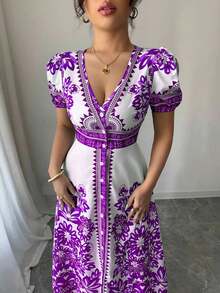 Nuevo vestido corto azul y blanco con mangas abullonadas, escote en V y cinturón, elegante y refinado estilo del Medio Oriente - Morado - Ver 6