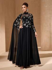 YISIKADO Women's Elegant Bowknot High Collar Long Sleeve Sequin Maxi Evening Dress Party Black Wedding Fall - Black - View 2