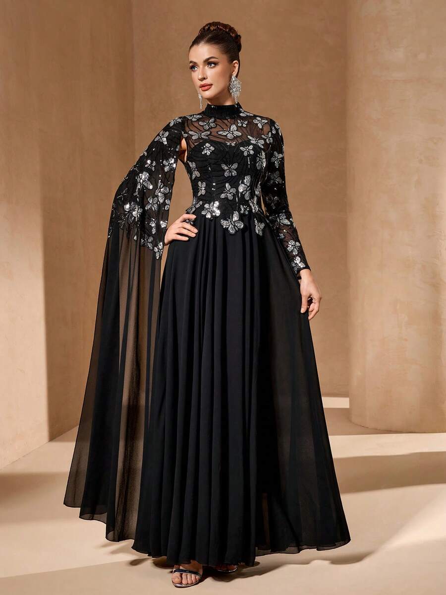 YISIKADO Women's Elegant Bowknot High Collar Long Sleeve Sequin Maxi Evening Dress Party Black Wedding Fall
