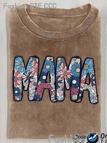 1 pieza de elegante camiseta de manga corta de algodón lavado vintage para mujer, con estampado floral MAMA, top creativo y exquisito estilo Y2K, moderno y a la moda, adecuado para la comodidad diaria y el uso casual, deportes, salidas urbanas y como un hermoso regalo para las vacaciones. 180g 100% algodón. - negro - Ver 12