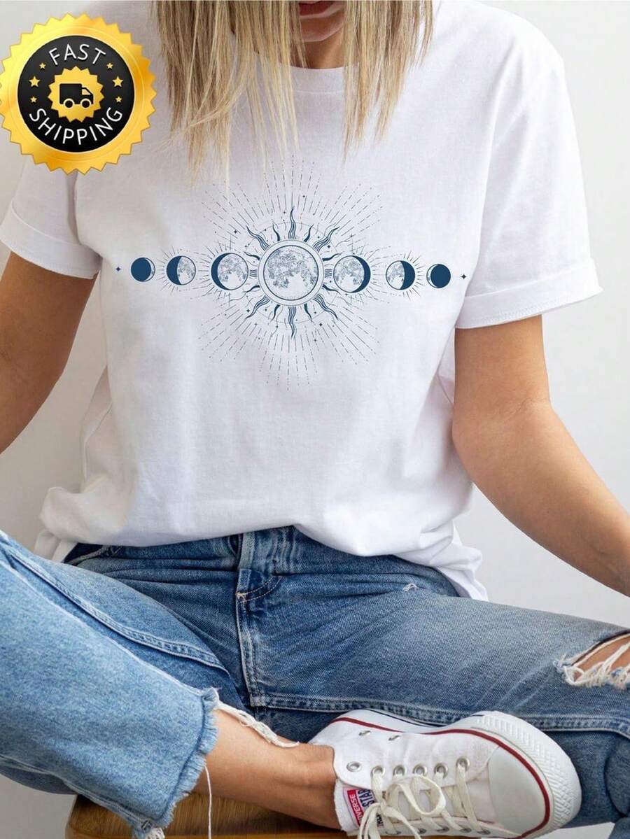 Celestial Moon Phase T-Shirt, Boho Sun T1EE. 220g, Pure Unisex Cotton. Ideal Weight For All Seasons, Suitable For Men And Women. Durable, High-Quality Fabric, Soft To The Touch And Long-Lasting. Breathable Top. Suitable For Spring And Summer, Holidays, Mother's Day, And Independence Day. - 白色 - 查看 1