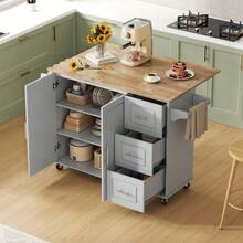 Large Mobile Kitchen Table L137*W43(76)*H92cm, Oak Top, Foldable, Multifunctional Furniture, 3 Drawers, Towel Rack, Ideal For The Kitchen, Dining Room, Home - Grey - View 2