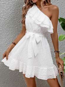 Holidaya One Shoulder Ruffle Trim Belted Dress Vacation Beach Outfits Women - White - View 5