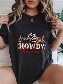 Camiseta Casual Vintage con Estampado de Moda para Mujer, Diseño de Vaquera Navideña con Sombrero, Árboles y Luces, Adecuada para Todas las Temporadas  
 -WhiteFashion - Negro - Ver 7