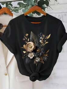 Women's 100% Cotton Black T-Shirt With Artistic Gold And Beige Floral Print, Elegant Casual Style, Short Sleeves And Comfortable Design For Everyday Wear - 黑色 - 查看 6