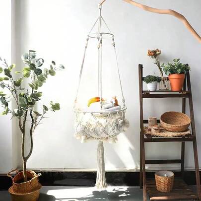 Võng treo cho mèo kiểu Boho Macrame, Giỏ ngủ treo cho mèo đan thủ công có tua rua, Giường đu treo tường trong nhà cho thú cưng nhỏ.