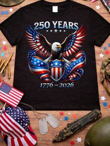 Camiseta 250 años de América, 17762026, escudo del águila patriótica, celebración del 550 aniversario de EE. UU., cinta de la bandera estadounidense, 4 de julio. Camiseta unisex de algodón puro de 220 g, peso ideal para todas las estaciones, adecuada tanto para hombres como para mujeres. Tejido duradero de alta calidad, suave al tacto y de larga duración. Parte superior transpirable. Adecuada para la primavera y el verano de las mujeres, vacaciones, Día de la Madre, Día de la Independencia. - Negro - Ver 1