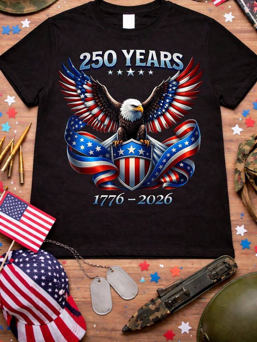 Camiseta 250 años de América, 17762026, escudo del águila patriótica, celebración del 550 aniversario de EE. UU., cinta de la bandera estadounidense, 4 de julio. Camiseta unisex de algodón puro de 220 g, peso ideal para todas las estaciones, adecuada tanto para hombres como para mujeres. Tejido duradero de alta calidad, suave al tacto y de larga duración. Parte superior transpirable. Adecuada para la primavera y el verano de las mujeres, vacaciones, Día de la Madre, Día de la Independencia. - Negro - Ver 1