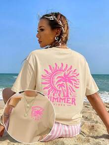 Camiseta deportiva casual versátil de verano para mujer, con estampado de palmeras y sol, estilo vintage dulce y fresco, ideal para vacaciones en la playa, uso diario en casa, salidas o como regalo de moda. - Albaricoque - Ver 1