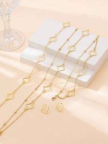 Bộ trang sức 5 món phong cách tối giản cổ điển hình cỏ bốn lá rỗng, gồm vòng tay, dây chuyền và bông tai, thích hợp đeo hàng ngày, số lượng hạt ngẫu nhiên. - Vàng - Xem 3