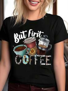 Playera de mujer de algodón 100% con estampado gráfico de café y frases divertidas, diseño casual moderno, cuello redondo, estilo cómodo para uso diario y looks relajados - Negro - Ver 1