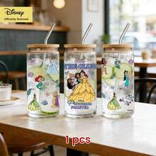 Disney 【官方授权】迪士尼公主玻璃杯 16 盎司 - 贝儿、爱丽儿、乐佩、茉莉公主图案，带竹制杯盖和吸管 | 童话冰咖啡杯，送给女孩和女士的可爱礼物 - 彩色 - 查看 10