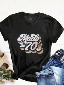 Playera de mujer 100% algodón manga corta diseño retro ajustada transpirable para verano - Negro - Ver 6