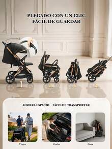 Carriola reversible y alta para bebé, incluye bandeja desmontable y toldo solar, ruedas grandes con suspensión y una amplia canasta de almacenamiento inferior. Imprescindible para pasear al bebé. - Negro - Ver 9