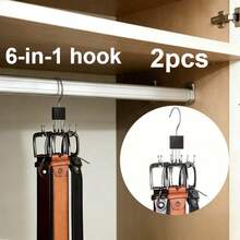 1/2pcs 6-In-1 Rotating Hanger: Wardrobe Belt Organizer Rack - Door Hanger - Multifunctional Waist Belt Hanger For Ties, Scarves, Bags - View 2