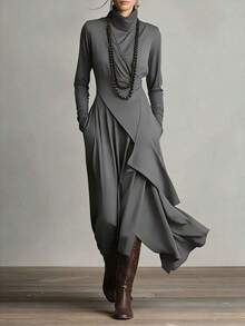Vestido de mujer color sólido 2026 primavera otoño | Cuello alto cruzado manga larga diseño irregular | Con estilo sofisticado europeo americano - Azul lavado medio - Ver 1