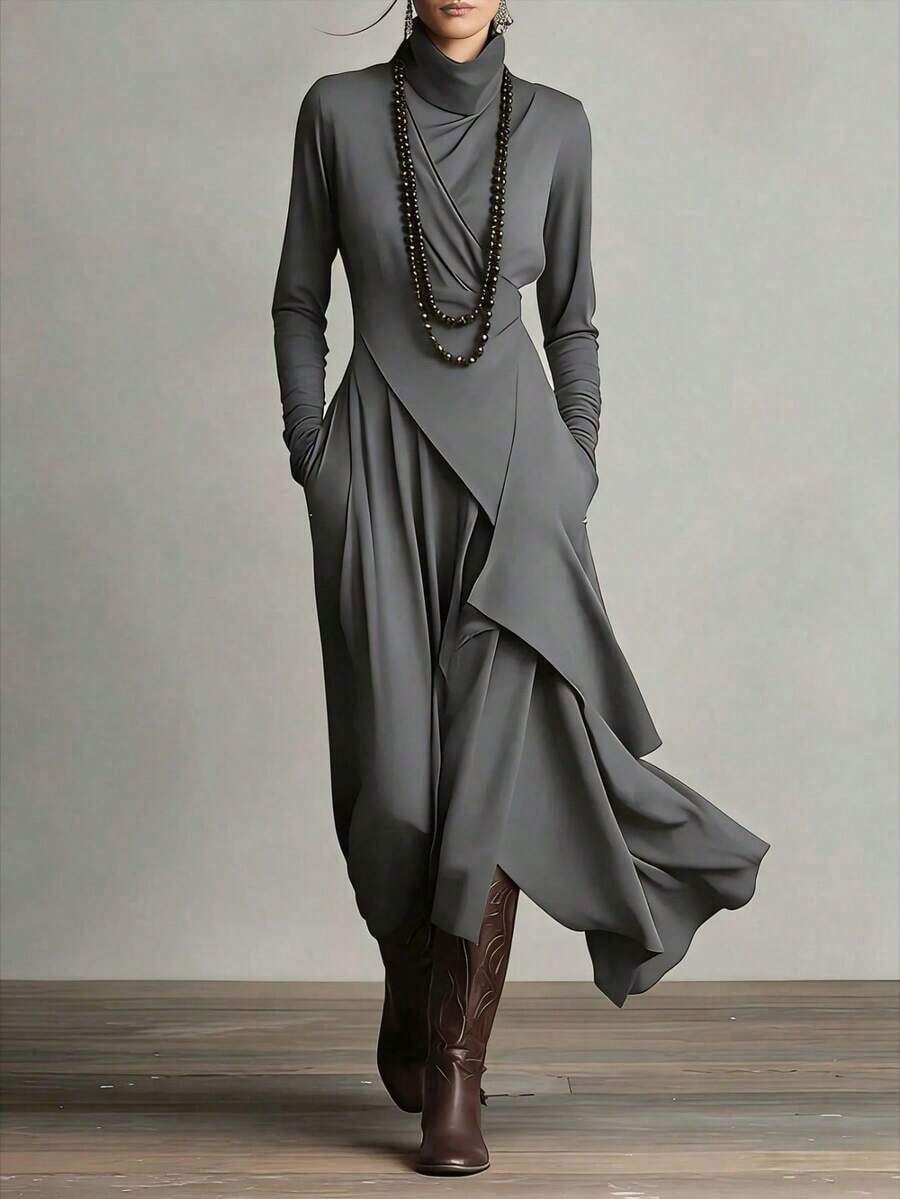 Vestido de mujer color sólido 2026 primavera otoño | Cuello alto cruzado manga larga diseño irregular | Con estilo sofisticado europeo americano - Azul lavado medio - Ver 1