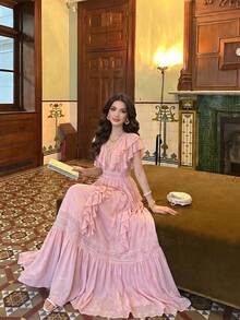 Vestido de fiesta elegante de mujer con cuello en V, diseño de volantes multicapa con encaje, parches y cintura estrecha, corte evasé - Rosa - Ver 3