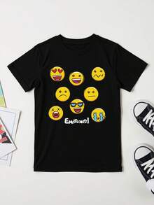 Summer Tops, T-Shirt With A Funny And Cheerful Face Print, Playful Graphic, Soft Crew Neck, Medium Stretch Cotton, Fun Relaxed Fit, For Women And Preteen Boys - Black - View 6