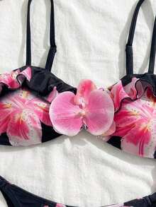 Conjunto de bikini y vestido de playa elegante y sexy con estampado floral y espalda descubierta con flores 3D, para primavera/verano y vacaciones - Flor de rosa negra - Ver 4