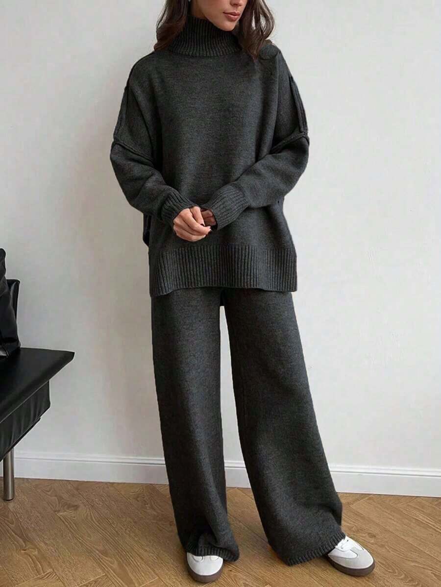 2 piezas Conjunto de suéter de manga larga de hombro caído con cuello alto sólido y pantalones anchos de punto para mujer, otoño/invierno - Gris Oscuro - Ver 1