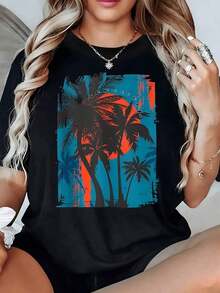 Paisaje tropical con palmeras altas frente a un atardecer cálido y mar sereno que evoca tranquilidad y vacaciones en la  camiseta de mujer casual cómoda para verano - Multicolor - Ver 9