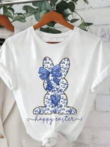 Camiseta gráfica de Pascua, Top casual de manga corta y cuello redondo estampada, con estampados de conejo, flores y moños para mujeres - Negro - Ver 1
