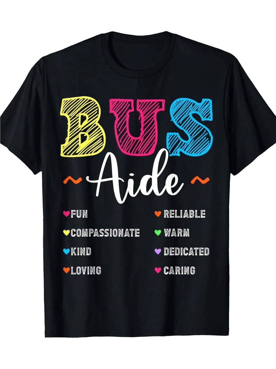 School Bus Squad Funny Bus Aide T-Shirt For Men & Women | Casual Crew Neck, Short Sleeve, Colorful Playful Lettering, All-Season Wear, Perfect For Everyday And Outdoor Activities, Vintage Style With Slight Stretch Fabric - Negro - Ver 1