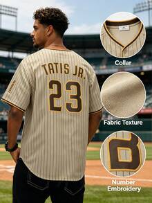 Men's TATIS JR. Baseball Jersey, Number 23 Embroidery Pinstripe Button Down Breathable Fabric Short Sleeve Athletic Shirt, Quick Dry Casual Baseball Top For Men Training Game Gym Daily Street Wear - Rượu sâm banh - Xem 1
