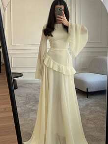 Elegant Women's Maxi Gown With Flare Long Sleeves And Lettuce Trim Flounce Hem, Asymmetrical Neck Fitted Casual Dress - 淺黃色 - 查看 8