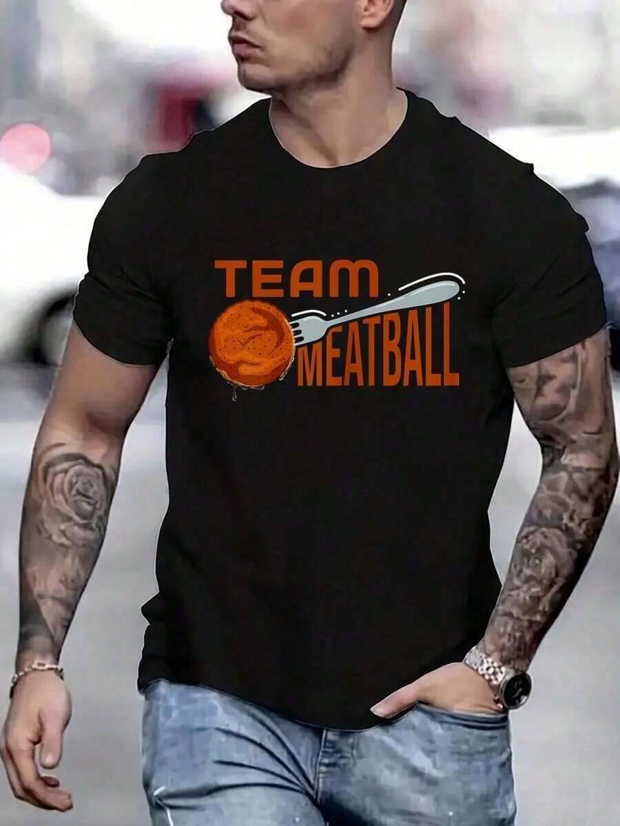 Camiseta% Algodón con Estampado de Albóndigas, Manga Corta, Cuello Redondo, Estilo Casual, Apta para Todas las Temporadas, Ropa para Hombre - Negro - Ver 1