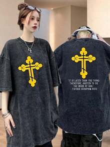 Camiseta Negra Holgada Lavada Estilo Vintage Unisex con Estampado de Frases Religiosas y Cruz, Inspiración Cristiana, Padre Serafín Ross, Cruz Ortodoxa, 100% Algodón, Cuello Redondo, Manga Corta, Casual, para Hombre, Verano - Negro - Ver 1