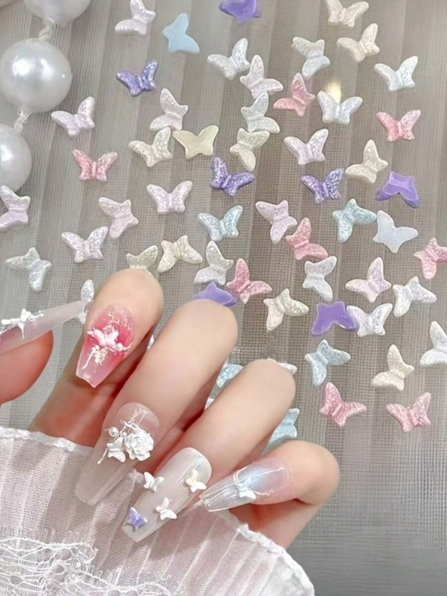 20pcs New Mini Butterfly Nail Art Decorations, Mixed Colorful Pearl Glitter Resin Rhinestone Nail Jewelry Accessories Nail Charms - Multicolor - View 1