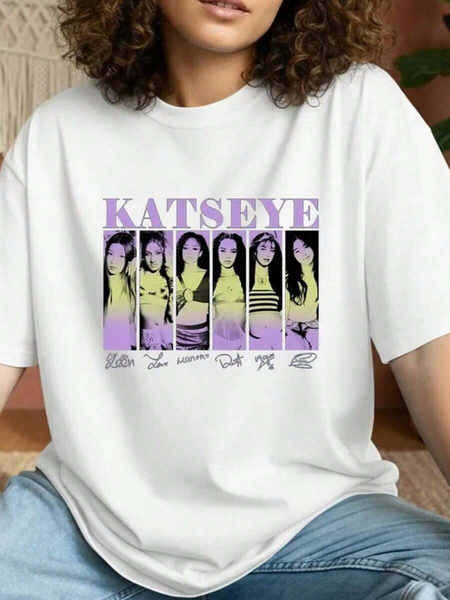 Katseye Girl Group Short Sleeve T-Shirt, Katseye Vintage Music T-Shirt, Katseye K-Pop Graphic, Katseye Beautiful Chaos T-Shirt, Katseye Gnarly 100% Cotton - 白色 9 - 查看 1
