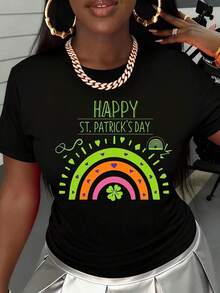 Women's Casual White T-Shirt With Rainbow Shamrock Print To Celebrate St. Patrick's Day - 黑色 - 查看 2