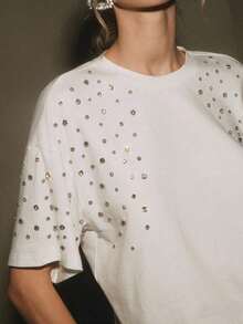Camiseta de algodón casual con cuello redondo blanco y adornos de diamante de imitación para mujeres - Blanco - Ver 6