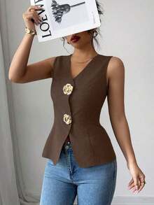 Blusa exterior con cuello en V ajustada con decoración de botones dorados con rosas - Marrón - Ver 5