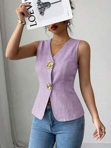 Blusa exterior con cuello en V ajustada con decoración de botones dorados con rosas - Morado - Ver 5
