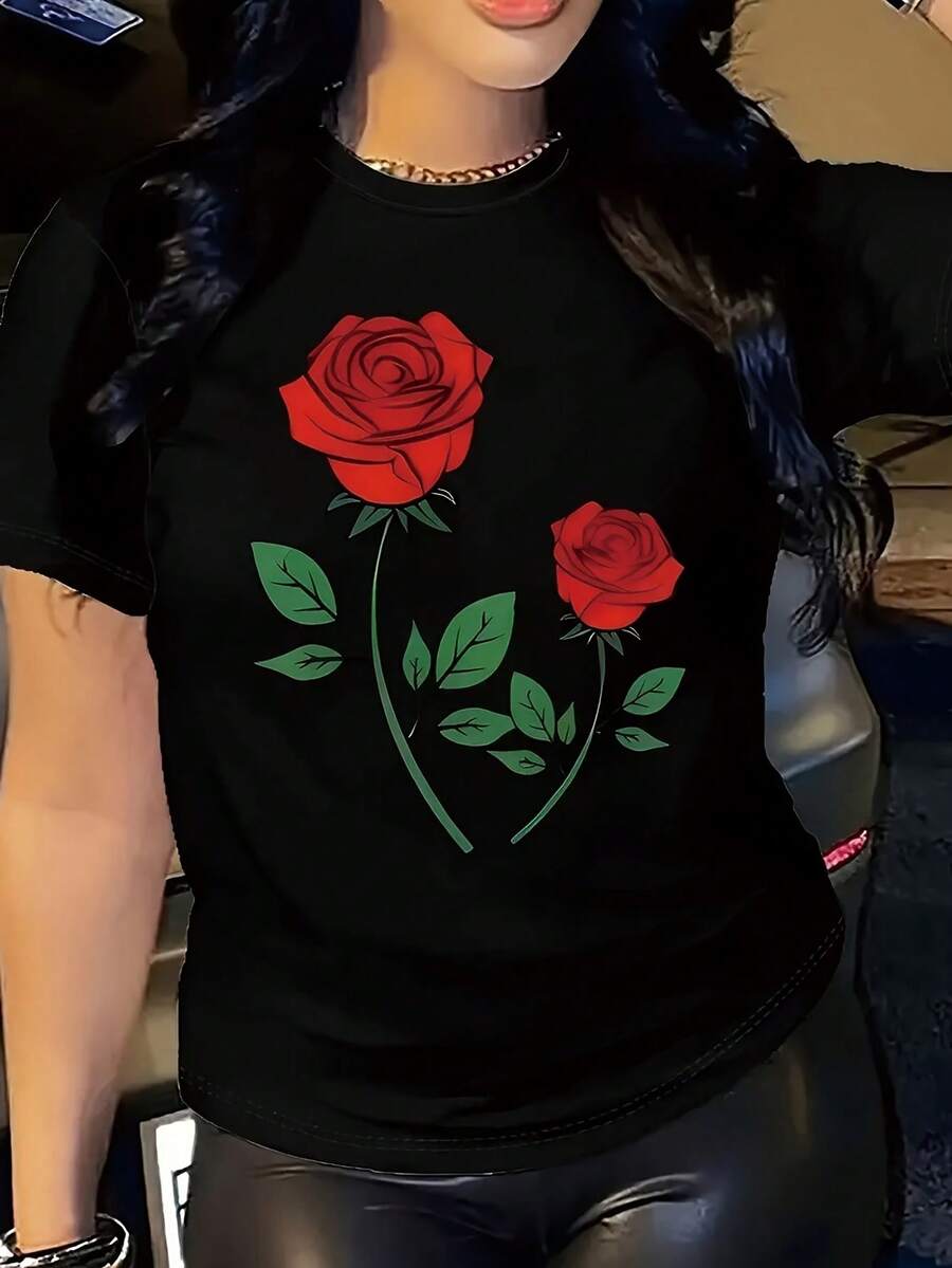 Women's 100% Cotton T-Shirts 2026 Rose Print Round Neck T-Shirt, Casual Short Sleeve Tops For Women Korean Style Spring Summer - Black - View 1