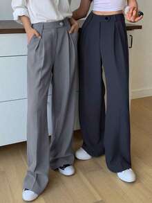 1 pieza Pantalón de vestir de cintura alta con bolsillos en diagonal, atuendo de negocios para mujer - Azul marino - Ver 5