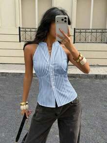 Camisa de mujer con estampado de rayas azules y blancas en todo el diseño, de estilo minimalista y casual, adecuada para vacaciones de primavera/verano - Multicolor 2 - Ver 5