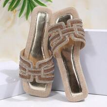 1 Pasang Sandal Selop Gaya Liburan dengan Blok Warna, Sandal Pantai Wanita Ujung Persegi Datar, Sandal Jepit Motif Linen, Pakaian Luar Ruangan Musim Panas Serbaguna - Emas - View 7