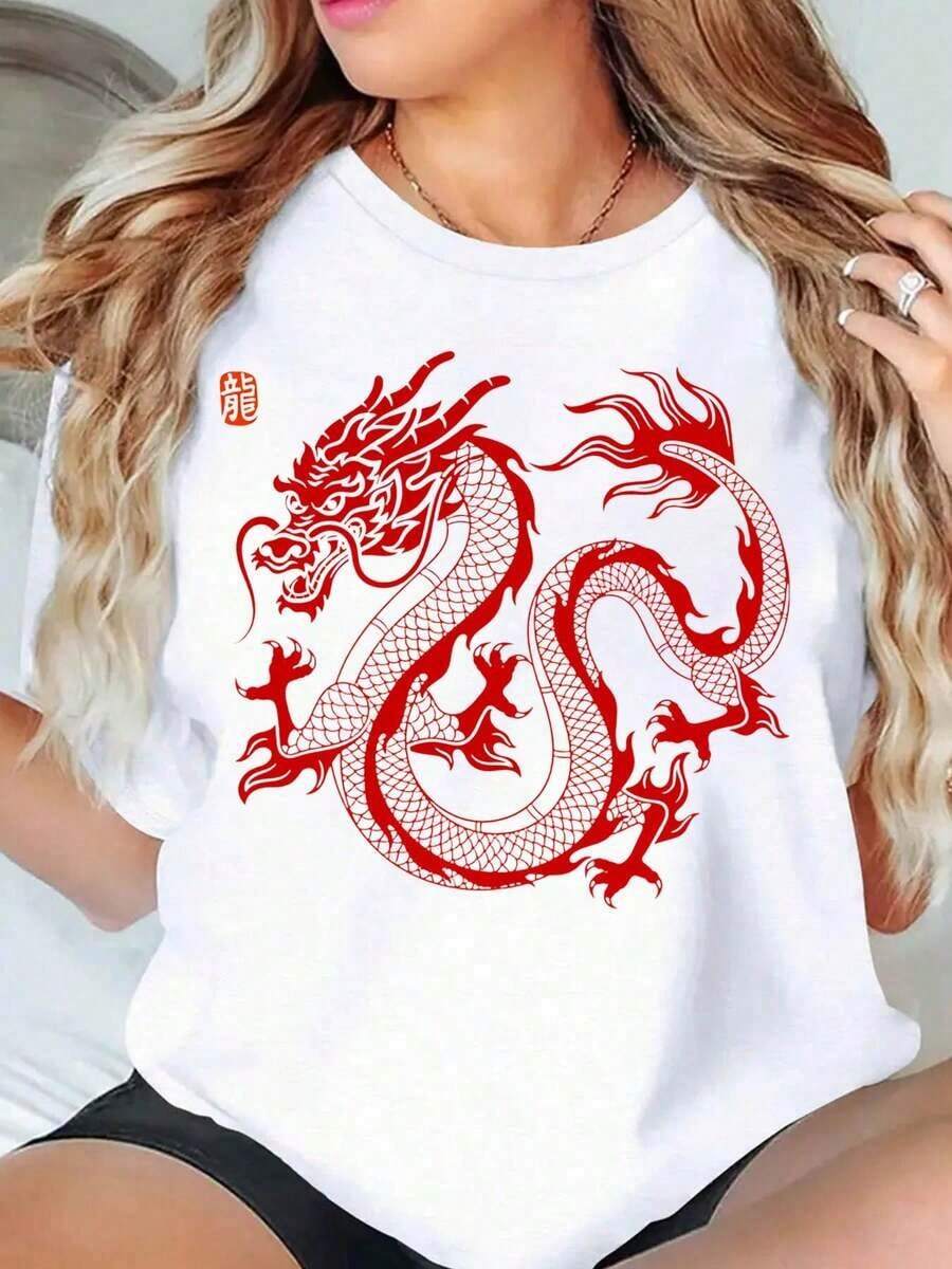 1 Piece Women's Red Dragon Print T-Shirt, Casual Short Sleeve Top, Chinese Mythical Creature Design, Fashion Clothing, 220g180g 100% Cotton. - 白色 - 查看 1